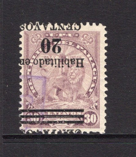 PARAGUAY - 1908 - VARIETY: 20c on 30c dull lilac LION issue, a fine used copy with variety OVERPRINT INVERTED. (SG 179a)  (PAR/40833)