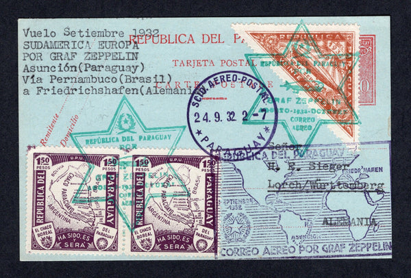 PARAGUAY - 1932 - ZEPPELIN: 70c red on blue postal stationery card (H&G 13) sent registered with added 1932 20p yellow brown TRIANGULAR 'Zeppelin' issue and pair 1932 1p 50c purple (SG 439 & 441) tied by illustrated 'GRAF ZEPPELIN AGOSTO-1932-OCTUBRE CORREO AEREO' Star of David cancels in green with SCIO AEREO POSTAL PARAGUAY cds dated 24.9.1932 in purple alongside. Flown on the sixth Sudamerikafahrt by LZ 127 with additional 'Map' cachet on front. Addressed to GERMANY with oval 'Zeppelin' cachet and print
