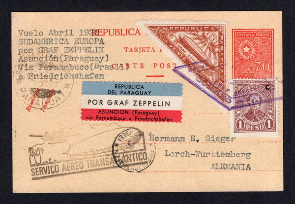 PARAGUAY - 1932 - ZEPPELIN: 70c red on yellow postal stationery card (H&G 13) used with added 1927 1p maroon and 1932 20p yellow brown TRIANGULAR 'Zeppelin' issue (SG 330 & 439) tied by diamond 'GRAF ZEPPELIN' cancel in purple with SCIO AEREO POSTAL PARAGUAY cds dated 15 ABR.1932 alongside. Flown on the third Sudamerikafahrt by LZ 127 with illustrated 'Zeppelin' cachet and red white & blue 'POR GRAF ZEPPELIN ASUNCION (Paraguay) via Pernambuco a Friedrichshafen' airmail label on front. Addressed to GERMANY 