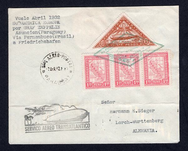 PARAGUAY - 1932 - ZEPPELIN: Cover with typed 'Vuelo Abril 1932, Sudamerika Europa por Graf Zeppelin Asuncion (Paraguay) Via Pernambuco (Brasil) a Friedrichshafen' endorsement on front franked with 1927 strip of three 1p 50c rose and 1932 20p yellow brown TRIANGULAR 'Zeppelin' issue (SG 307 & 439) tied by diamond 'GRAF ZEPPELIN' cancel in green with SCIO AEREO POSTAL PARAGUAY cds dated 2 ABR.1932 alongside with illustrated cachet. Flown on the Second Sudamerikafahrt by LZ 127 with oval 'Zeppelin' cachet and