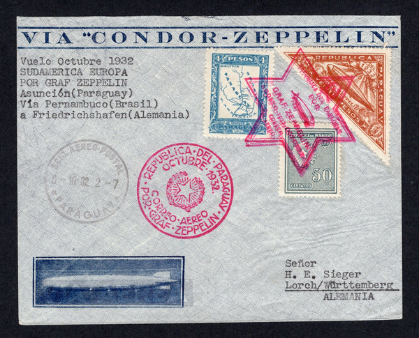 PARAGUAY - 1932 - ZEPPELIN: Illustrated 'Zeppelin' cover sent registered and franked with 1924 4p pale blue, 1927 50c grey blue and 1932 20p yellow brown TRIANGULAR 'Zeppelin' issue (SG 270A, 298 & 439) tied by illustrated 'GRAF ZEPPELIN AGOSTO-1932-OCTUBRE CORREO AEREO' Star of David cancel in bright red with SCIO AEREO POSTAL PARAGUAY cds in black dated 6.10.1932 alongside. Flown on the eight Sudamerikafahrt by LZ 127 with large circular 'REPUBLICA DEL PARAGUAY OCTUBRE 1932 CORREO AEREO POR GRAF ZEPPELIN