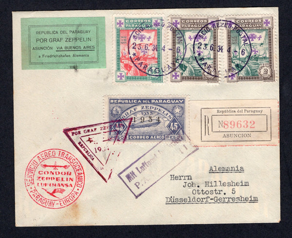 PARAGUAY - 1934 - ZEPPELIN: Registered cover franked with 1933 50c scarlet & green and pair 2p green & sepia plus 1934 45p slate violet 'Zeppelin' issue with '1934' overprint (SG 458, 461 & 473) tied by SCIO AEREO POSTAL PARAGUAY cds's dated 23 6. 1934 and by triangular 'Zeppelin' cachet with printed black on green 'REPUBLICA DEL PARAGUAY POR GRAF ZEPPELIN ASUNCION VIA BUENOS AIRES a FRIEDRICHSHAFEN ALEMANIA' airmail label and printed registration label all on front. Flown on the 3rd Sudamerikafahrt by LZ 