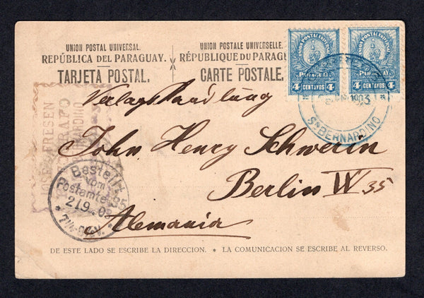 PARAGUAY - 1903 - POSTCARD & CANCELLATION: Green tinted PPC 'India Caingua' printed in San Bernardino franked on message side with pair 1901 4c pale blue (SG 78) tied by fine CORREOS SN BERNARDINO cds in blue dated 28 JUL 1903. Addressed to GERMANY with arrival cds on front.  (PAR/41094)