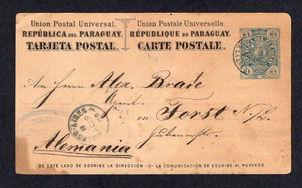 PARAGUAY - 1888 - POSTAL STATIONERY & GERMAN COLONY: 3c blue on buff postal stationery card (H&G 8) datelined 'Colonia Nueva Germania, Paraguay. 8 August 1888' on reverse with light strike of oval COLONIA NUEVA GERMANIA PARAGUAY marking in blue black on front and ASUNCION 'Star' cds cancelling the stamp imprint. Addressed to GERMANY with BUENOS AIRES transit cds's on front & reverse. Card is a little toned in places but believed to be the earliest known item of mail from the first German settlement in Para