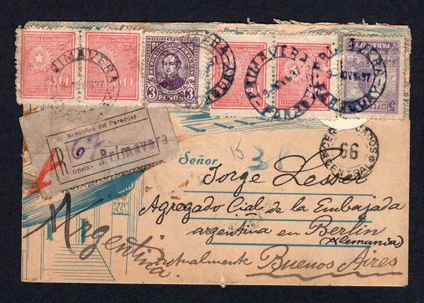 PARAGUAY - 1937 - CANCELLATION: Printed 'Zeppelin' registered cover franked with 1927 4 x 50c rose, 3p purple & 5p bright violet (SG 300, 311 & 313) all tied by PRIMAVERA cds's with formular registration label with handstruck PRIMAVERA alongside. Addressed to ARGENTINA with various other transit and arrival marks on reverse. The cover has small faults and has been repaired & strengthened in places.  (PAR/4250)