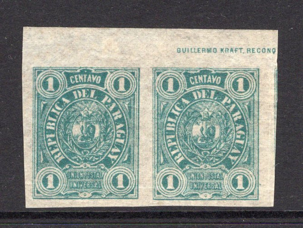 PARAGUAY - 1884 - VARIETY: 1c yellow green 'Kraft' issue on thin paper, a fine mint IMPERF PAIR with part 'Guillermo Kraft' IMPRINT in top margin. Underrated issue. (SG 24b)  (PAR/5796)