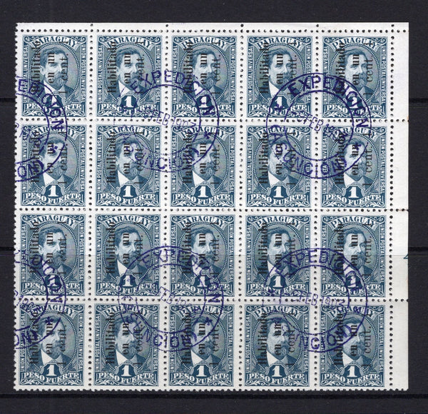 PARAGUAY - 1903 - MULTIPLE: 1c on 1p slate blue 'Provisional' issue a fine used corner marginal block of twenty with EXPEDICION ASUNCION cds's dated 9 FEB 1903. Scarce used multiple. (SG 91)  (PAR/5825)