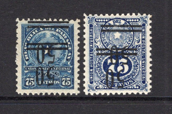 PARAGUAY - 1920 - MULTIPLE: 50c on 75c deep blue 'Provisional' surcharge issue with bars, both types fine mint with variety OVERPRINT DOUBLE BOTH INVERTED. (SG 252/253 variety, Kneitschel #258d/259d)  (PAR/5872)