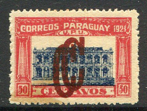 PARAGUAY - 1922 - RURAL ISSUES: 50c blue & red 'Parliament House' issue overprinted with large 'C' for use by Rural post offices. A fine mint copy with variety OVERPRINT DOUBLE. (SG 254Bc)  (PAR/5885)