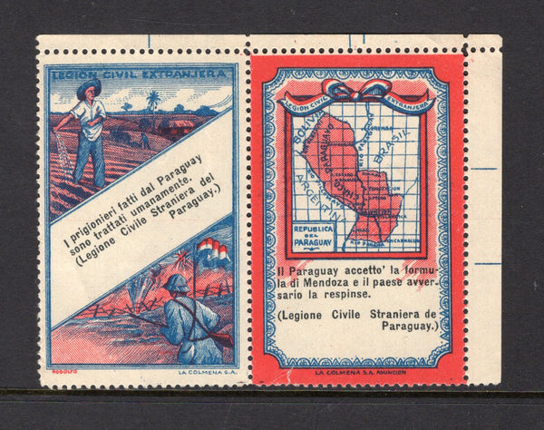 PARAGUAY - 1933 - CHACO WAR: Paraguayan Foreign Legion PROPAGANDA labels a fine unused se-tenant pair with 'Soldier & Farmer' and 'Map' types with text in Italian. Tiny tear at base of one stamp but uncommon in multiples.  (PAR/5959)