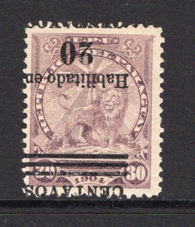 PARAGUAY - 1908 - VARIETY: 20c on 30c dull lilac LION issue, a fine unused copy with variety OVERPRINT INVERTED. (SG 179a)  (PAR/7320)
