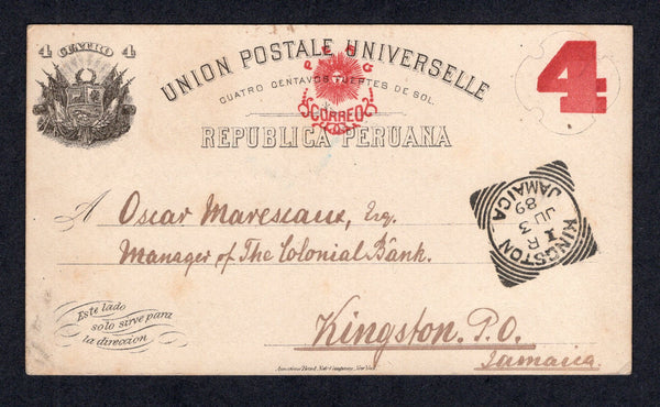PERU - 1889 - DESTINATION: 4c red & black postal stationery card (H&G 17) used from LIMA (datelined on reverse) but without an originating cancel. Addressed to JAMAICA with fine KINGSTON JAMAICA squared circle arrival cds on front.  (PER/10626)