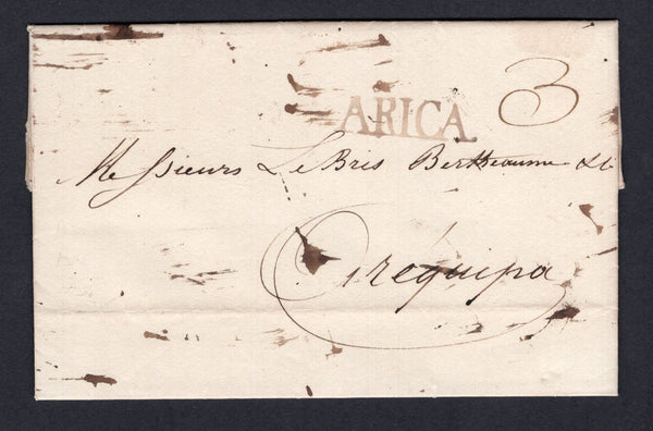 PERU - 1831 - PRESTAMP: Complete folded letter from ARICA to AREQUIPA with fine strike of large straight line 'ARICA' marking in black. Rated '3' in manuscript. (Colareta #4)  (PER/10661)
