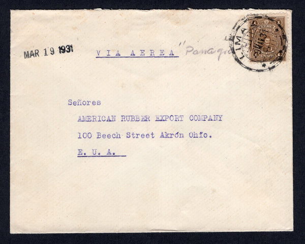 PERU - 1931 - AIRMAIL: Cover with typed 'VIA AEREA Panagra' at top franked with single 1924 1s bistre (SG 439) tied by LIMA cds dated 9 MAR 1931. Sent airmail to USA with oval 'CORREOS DEL PERU EXPENDIO LIMA SERVICIO AEREO' marking on reverse with small circular 'IV' marking both in purple. A nice early commercial airmail.  (PER/10705)