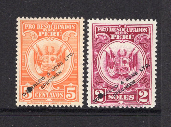 PERU - 1935 - REVENUE & PROOF: 5c orange and 2s magenta 'Pro Desocupados' REVENUE issue (Unemployed Tax) 'Waterlow' COLOUR TRIALS in unissued colours with WATERLOW & SONS LTD SPECIMEN overprint and small hole punch. (Akerman & Moll #18Sa & 22Sa)  (PER/11326)