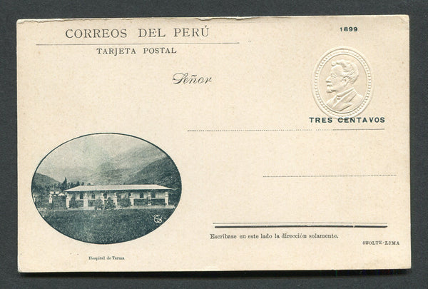 PERU - 1899 - POSTAL STATIONERY: 3c bluish black postal stationery viewcard (H&G 39, small date) with view of 'Hospital de Tarma' fine unused. (Moll scarcity rating 2)  (PER/13490)