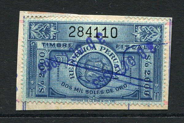 PERU - 1952 - REVENUE: 2000 sols deep blue 'Documentary' REVENUE issue, 'Thomas De La Rue' printing,  perf 13½, a fine used copy tied on small piece by '30 OCT 1963' date cancel. (Moll Page 50)  (PER/17220)