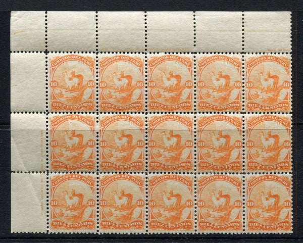 PERU - 1895 - MULTIPLE: 10c orange 'Vicuna' issue, a fine mint corner marginal block of fifteen with marginal IMPRINTS. Super multiple. (SG 317)  (PER/23487)