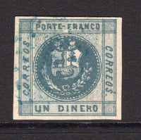 PERU - 1858 - CLASSIC ISSUES: 1d slate blue 'Arms' issue with large lettering, a superb lightly used copy, four large margins. (SG 6a)  (PER/24873)