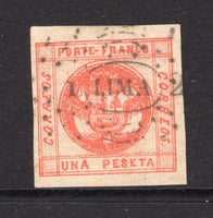 PERU - 1858 - CLASSIC ISSUES: 1p vermilion 'Arms' issue with large lettering, a superb used copy with 'LIMA' dotted cancel, four large margins. (SG 7)  (PER/24884)