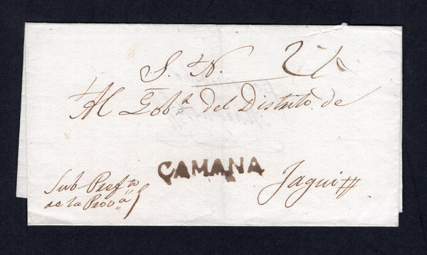 PERU - 1840 - PRESTAMP: Circa 1840. Cover from CAMANA to JAGUI with fine strike of straight line 'CAMANA' marking in black. Rated '2½' in manuscript. Fine. (Colareta #1)  (PER/26856)