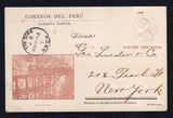 PERU - 1900 - POSTAL STATIONERY: 4c brown postal stationery viewcard (H&G 40, small date) with view of 'Puente de Verrugas' showing train crossing the bridge used from LIMA but without originating cds. Addressed to USA with arrival cds dated 14 FEB 1900 on front. A rare card in used condition. (Moll scarcity rating 5)  (PER/27456)
