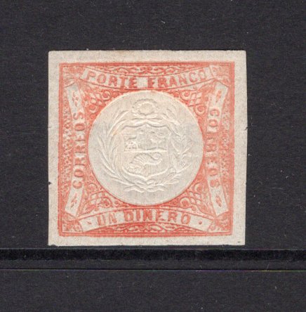 PERU - 1862 - CLASSIC ISSUES: 1d pale vermilion 'LeCoq' issue on thin paper (Early impression), a fine mint copy with full O.G. Four large margins. (SG 14)  (PER/30727)