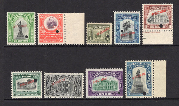 PERU - 1907 - SPECIMENS: 'Pictorial' DEFINITIVE issue, the set of nine each stamp with 'SPECIMEN' opt in red and small hole punch. Ex ABNCo. Archive. A lovely set. (SG 364/72)  (PER/30789)