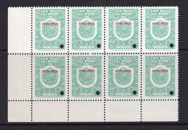 PERU - 1937 - REVENUE & MULTIPLE: 5s pale green 'Ley 7622' REVENUE issue for use on Bills of Exchange and Loan documents. A fine corner marginal block of eight each stamp with small 'SPECIMEN' overprint in red and small hole punch. Ex ABNCo. Archive. (Akerman & Moll #31)  (PER/30813)