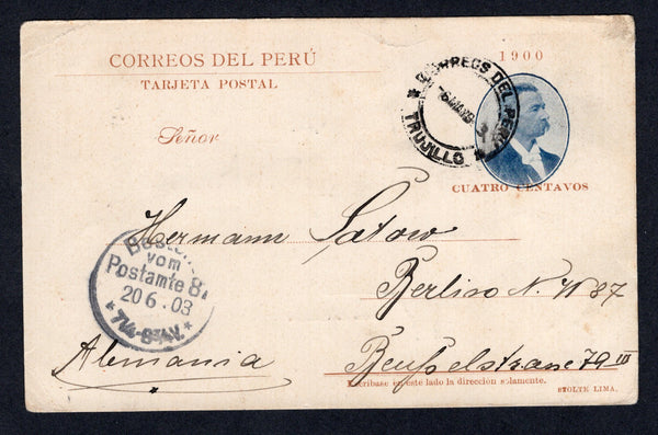 PERU - 1900 - POSTAL STATIONERY: 4c bluish black & brown postal stationery viewcard (H&G 52) with view in brown on reverse of 'Banos de Chorrillos' used with TRUJILLO cds dated 6 MAY 1903. Addressed to GERMANY with arrival cds on front.  (PER/30831)