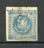 PERU - 1858 - CLASSIC ISSUES: 1d pale blue 'Arms' issue with wavy lines, a fine copy, four good to large margins used with neat dotted cancel. (SG 3)  (PER/31313)
