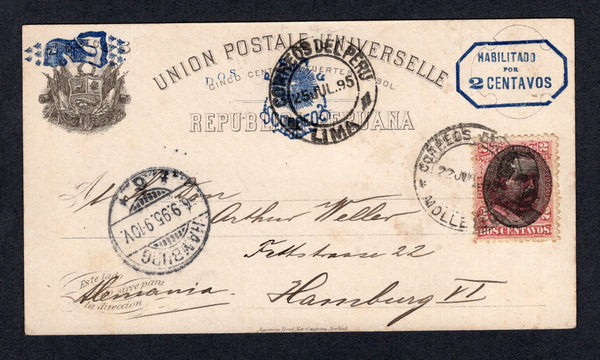 PERU - 1895 - BERMUDEZ HEAD ISSUE: 2c on 5c black postal stationery card (H&G 24) used with added 1894 2c carmine 'Bermudez Head' overprint issue (SG 297) tied by MOLLENDO cds dated 22 JUL 1895. Addressed to GERMANY with LIMA transit cds and German arrival cds on front.  (PER/31667)