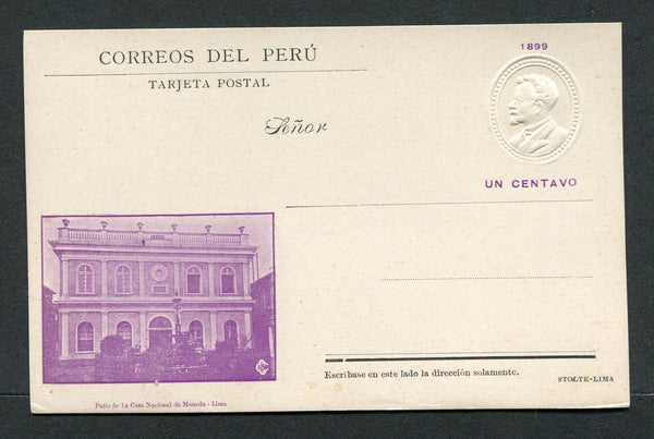 PERU - 1899 - POSTAL STATIONERY: 1c violet postal stationery viewcard (H&G 37, small date) with view of 'Patio de la Casa Nacional de Moneda - Lima' fine unused.  (PER/31674)
