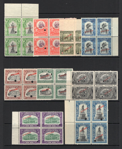 PERU - 1907 - SPECIMENS: 'Pictorial' DEFINITIVE issue, the set of nine in superb blocks of four each stamp with 'SPECIMEN' opt in red and small hole punch. Ex ABNCo. Archive. A lovely set. (SG 364/72)  (PER/31986)