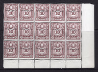 PERU - 1932 - POSTAGE DUE: 10c purple brown 'Harrison' POSTAGE DUE issue, the 'Photogravure' printing. A fine corner marginal block of fifteen, each stamp with 'CANCELLED' overprint in black, applied to demonetise the stamps. (SG D513)  (PER/33347)