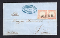 PERU - 1865 - CLASSIC ISSUES & CANCELLATION: Folded letter franked with pair 1862 1d pale vermilion on thin paper 'LeCoq' issue (SG 14) cancelled by fine strike of straight line 'PIURA' with neat oval firms cachet in blue alongside. Addressed to LIMA sent via the coastal route with 'Por Vapor' in manuscript. Arrival cds on reverse. A fine & very attractive cover.  (PER/35277)
