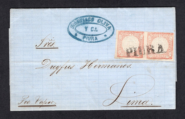 PERU - 1865 - CLASSIC ISSUES & CANCELLATION: Folded letter franked with pair 1862 1d pale vermilion on thin paper 'LeCoq' issue (SG 14) cancelled by fine strike of straight line 'PIURA' with neat oval firms cachet in blue alongside. Addressed to LIMA sent via the coastal route with 'Por Vapor' in manuscript. Arrival cds on reverse. A fine & very attractive cover.  (PER/35277)