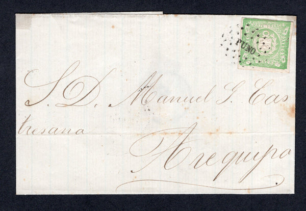 PERU - 1869 - CLASSIC ISSUES & CANCELLATION: Cover franked with 1868 1d green 'LeCoq' issue (SG 20a) tied by superb strike of dotted 'PUNO' cancel in black. Addressed to AREQUIPA.  (PER/35279)