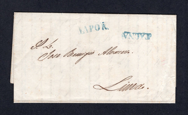 PERU - 1856 - PRESTAMP & MARITIME: Complete folded letter from TACNA to LIMA with fine strikes of straight line 'TACNA' and straight line 'VAPOR' markings in blue. The 'Vapor' markings were used to indicate that the cover was to be sent via the coastal route. Scarce. (Colareta #4 & 4v)  (PER/35292)