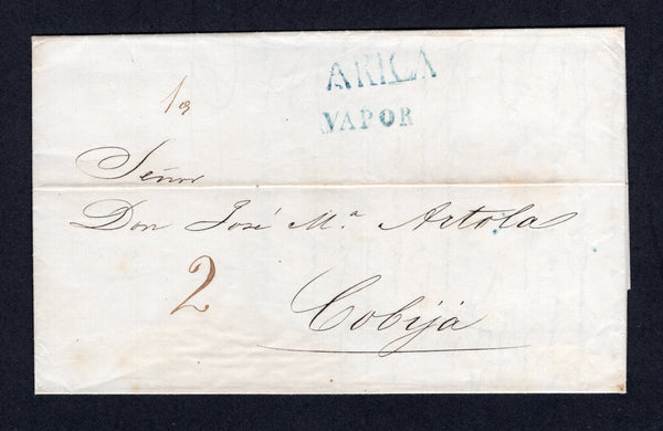 PERU - 1854 - PRESTAMP & MARITIME: Complete folded letter from TACNA to COBIJA, BOLIVIA with fine strikes of straight line 'ARICA' and straight line 'VAPOR' markings in blue. Rated '2' in manuscript. The 'Vapor' markings were used to indicate that the cover was to be sent via the coastal route. Very scarce. (Colareta #3 & 3v)  (PER/35293)