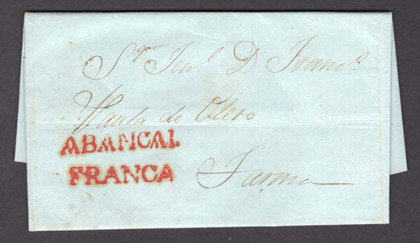 PERU - 1845 - PRESTAMP: Complete folded letter datelined 'Luemos(?) 12 de Marzo de 1845' with fine strike of ABANCAI. FRANCA marking in red. Addressed to TARMA. A rare marking. (Colareta #1 & 1f)  (PER/35294)