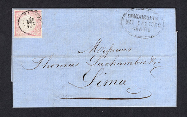 PERU - 1864 - CLASSIC ISSUES & INSTRUCTIONAL MARK: Cover franked with a fine four margin 1862 1d pink 'LeCoq' issue on thin paper (SG 14b) tied by TACNA cds dated 29 JAN 1864. Addressed to LIMA with good strike of oval 'CONDUCCION DEL CARTERO GRATIS' marking in black indicating free delivery on arrival in Lima. LIMA arrival cds on reverse.  (PER/35302)