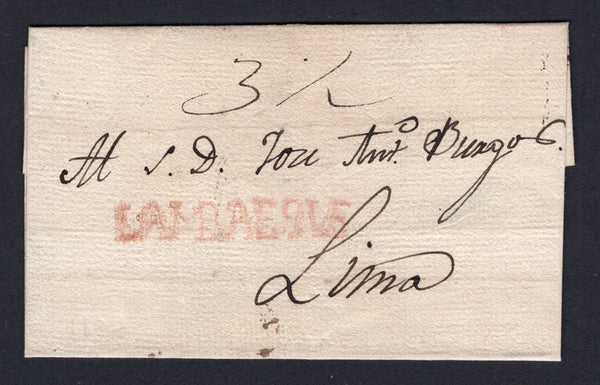PERU - 1839 - PRESTAMP: Cover from LAMBAYEQUE to LIMA with good strike of straight line 'LAMBAEQVE' marking in red, Rated '3½' in manuscript. Very scarce. (Colareta #3)  (PER/35708)