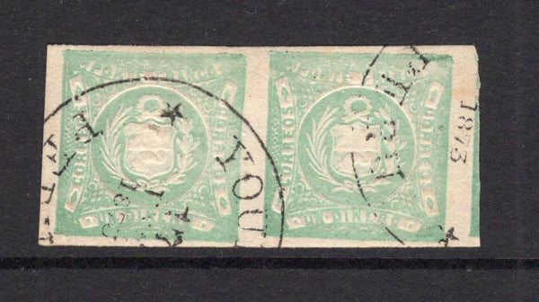 PERU - 1868 - CLASSIC ISSUES & MULTIPLE: 1d blue green 'LeCoq' issue, a fine used pair used with YQUIQUE cds dated 1873. Large margins all round. (SG 20b)  (PER/35991)