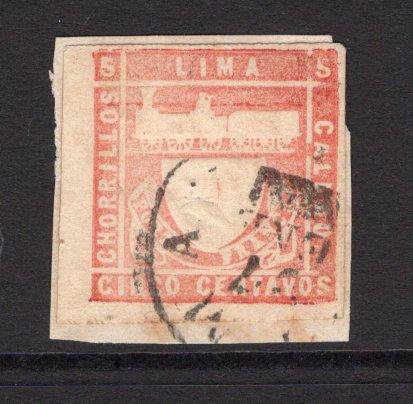 PERU - 1871 - CLASSIC ISSUES: 5c pale red EMBOSSED 'Train' issue, a fine lightly used copy tied on small piece by LIMA cds, four good to large margins. (SG 21)  (PER/36026)