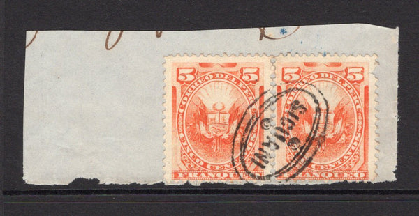 PERU - 1886 - CANCELLATION: 5c orange, a pair used on piece with good strike of oval 'SICUANI' cancel in black. Uncommon. (SG 280)  (PER/36049)
