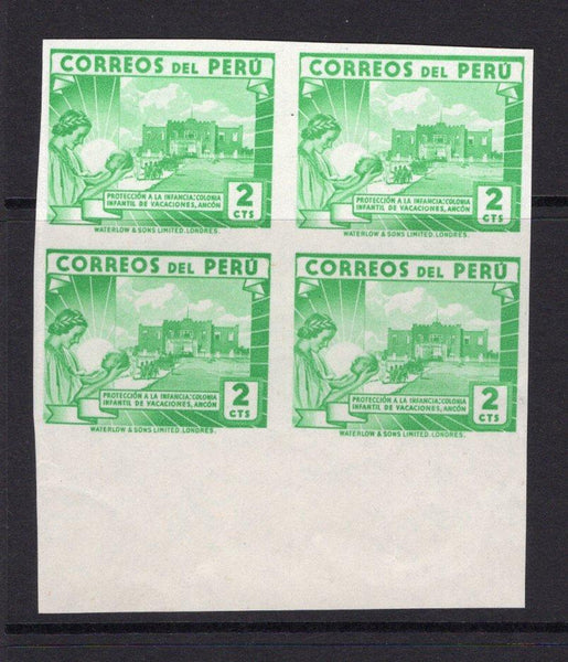 PERU - 1938 - PROOF: 2c bright emerald 'Waterlow' issue, a fine IMPERF PLATE PROOF block of four, gummed. (SG 640)  (PER/36159)