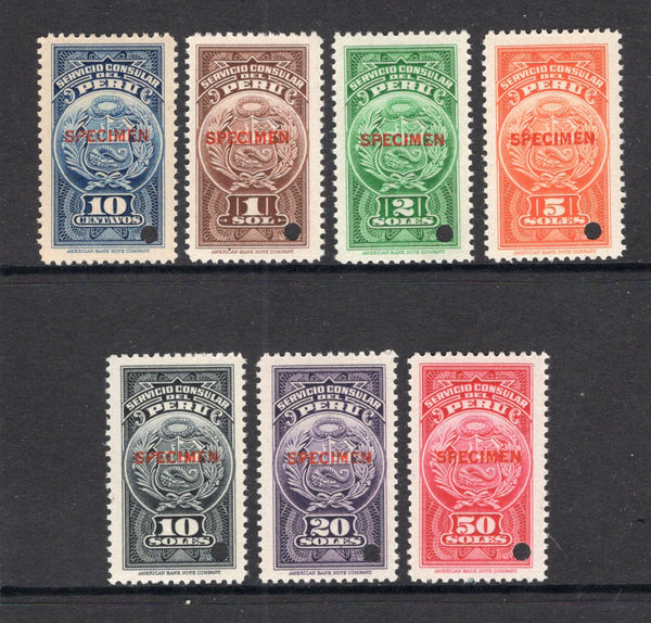 PERU - 1938 - REVENUE & SPECIMENS: ABNCo. 'Consular' REVENUE issue, the set of seven, each stamp overprinted 'SPECIMEN' in red with small hole punch. Ex ABNCo. Archive. (Akerman & Moll #95/102D)  (PER/36178)