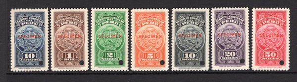 PERU - 1938 - REVENUE & SPECIMENS: ABNCo. 'Consular' REVENUE issue, the set of seven, each stamp overprinted 'SPECIMEN' in red with small hole punch. Ex ABNCo. Archive. (Akerman & Moll #95/102D)  (PER/36179)
