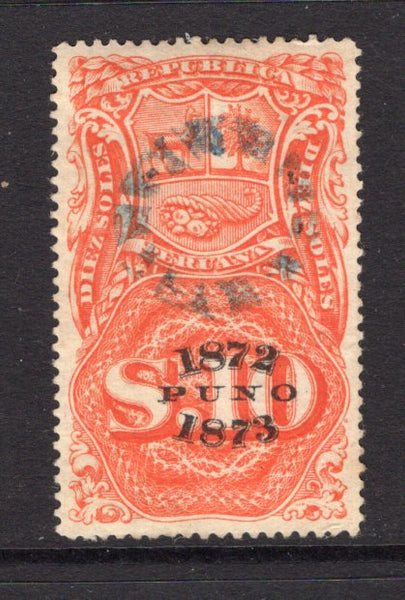 PERU - 1872 - REVENUE: 10s vermilion REVENUE issue with 'PUNO' departmental overprint dated 1872 - 1873. A fine used example. (Akerman & Moll #29)  (PER/36182)